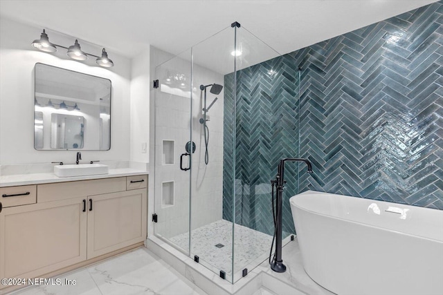 bathroom with shower with separate bathtub, vanity, and tile walls