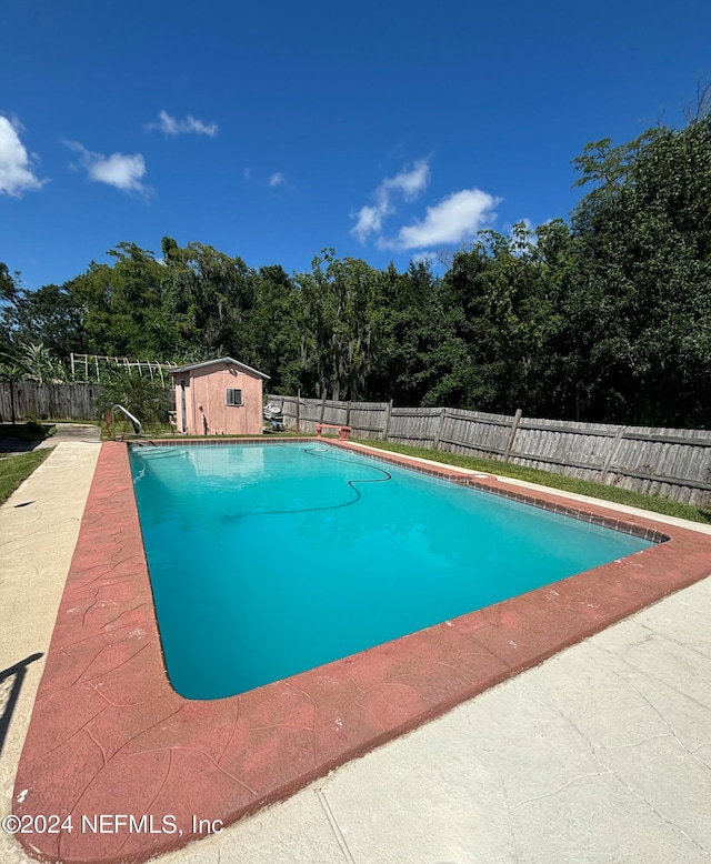 view of pool featuring a storage shed