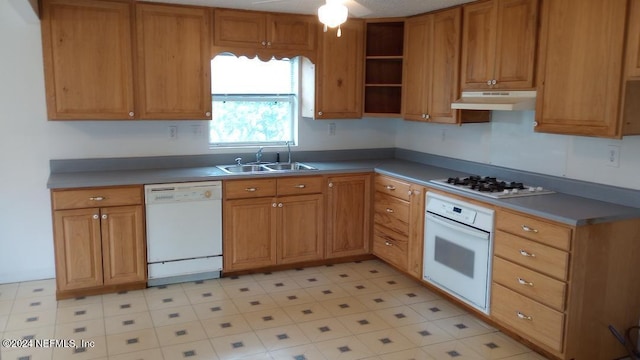 kitchen with a sink, a ceiling fan, open shelves, under cabinet range hood, and white appliances