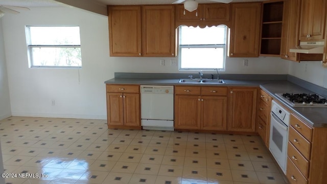 kitchen with under cabinet range hood, a sink, brown cabinets, and white appliances
