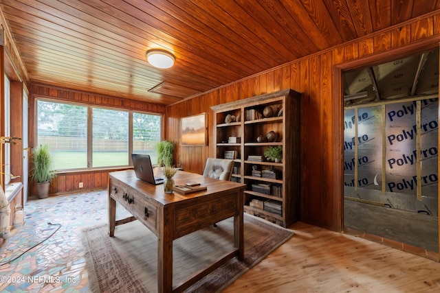 office featuring wood ceiling, light hardwood / wood-style flooring, and wood walls