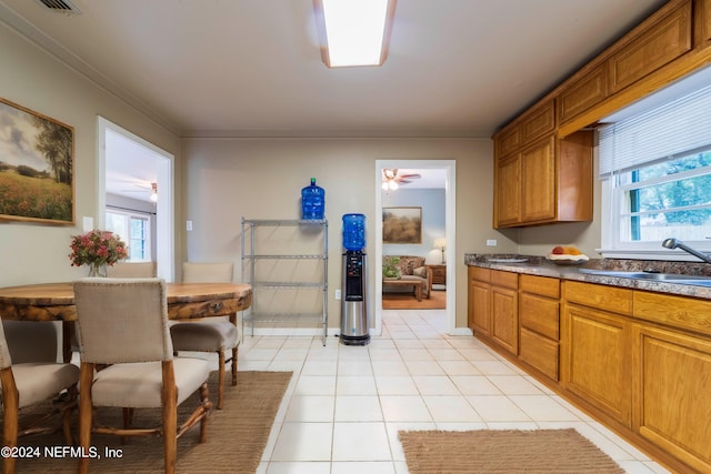 kitchen with crown molding, ceiling fan, sink, and light tile patterned floors