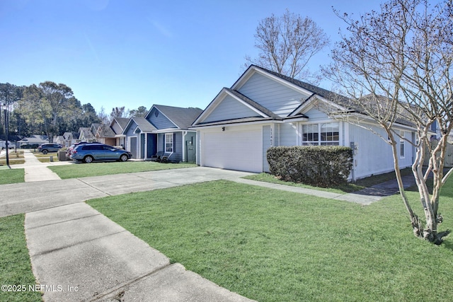 single story home with a garage and a front lawn