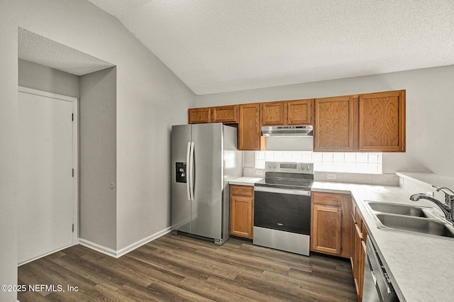 kitchen featuring sink, appliances with stainless steel finishes, a textured ceiling, dark hardwood / wood-style flooring, and vaulted ceiling