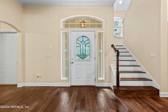 entrance foyer featuring ornamental molding and dark wood-type flooring