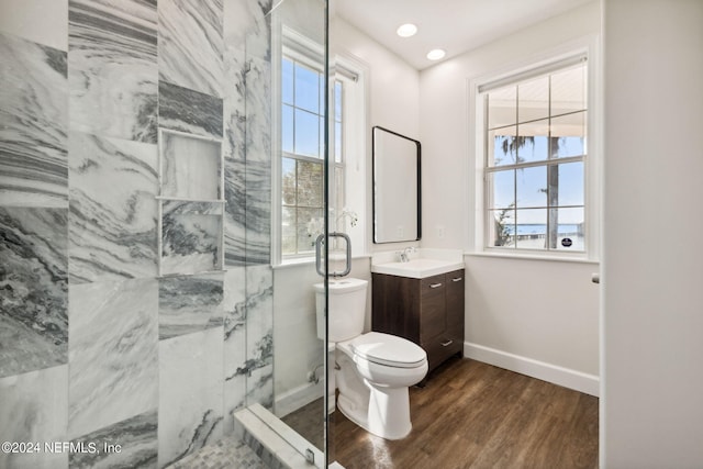 bathroom featuring wood-type flooring, vanity, a shower with shower door, and toilet