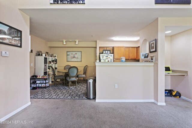 kitchen with light carpet, rail lighting, and white fridge