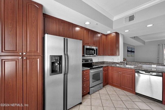 kitchen featuring a tray ceiling, stainless steel appliances, ornamental molding, sink, and light tile patterned flooring