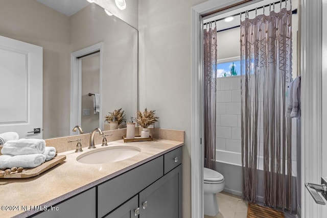 full bathroom with vanity, toilet, and shower / bath combination with curtain