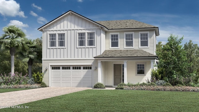 view of front of house with a front yard, an attached garage, board and batten siding, and driveway