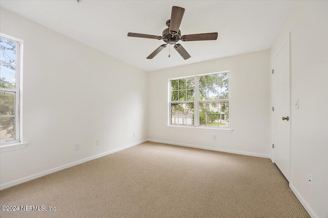 carpeted spare room with ceiling fan