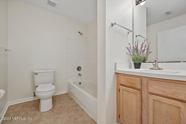 full bathroom with tile patterned flooring, a textured ceiling, vanity, shower / bath combination, and toilet