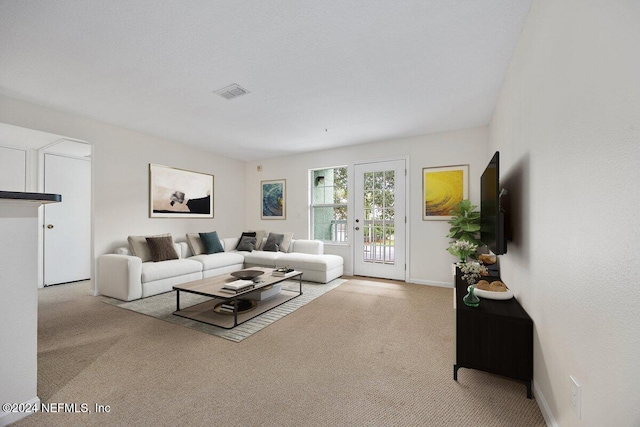 living room featuring light carpet