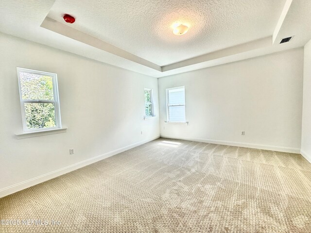 63 Oakmoss Dr, Saint Johns, FL 32259 - unfurnished room featuring visible vents, light carpet, baseboards, a textured ceiling, and a tray ceiling