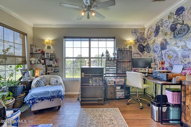 office area featuring hardwood / wood-style flooring, ornamental molding, and ceiling fan