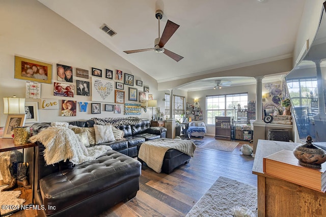 living room with ceiling fan, lofted ceiling, ornate columns, and hardwood / wood-style flooring