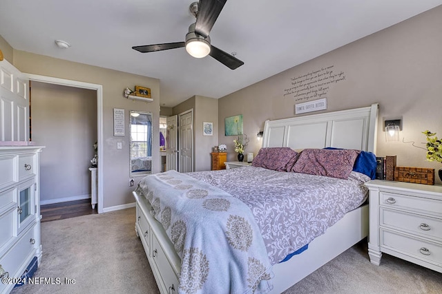 bedroom featuring a closet, carpet flooring, and ceiling fan