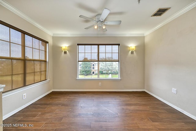 unfurnished room with ceiling fan, dark hardwood / wood-style floors, and ornamental molding