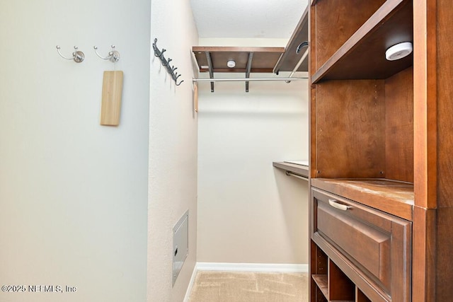 walk in closet featuring light carpet