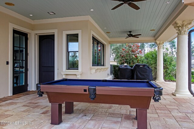 recreation room featuring ornate columns, ceiling fan, wooden ceiling, and pool table