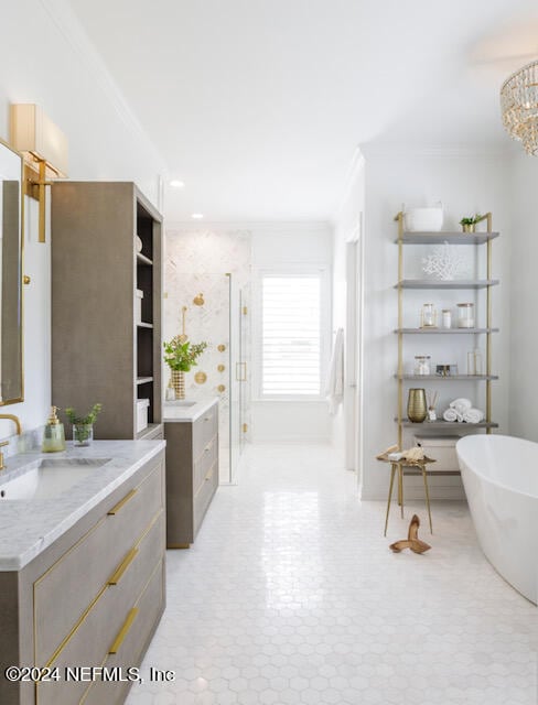 bathroom with crown molding, vanity, and independent shower and bath