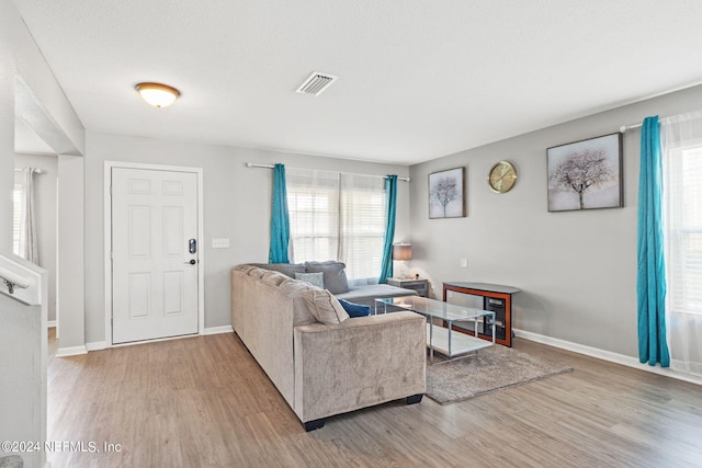 living room with a textured ceiling, light hardwood / wood-style flooring, and plenty of natural light