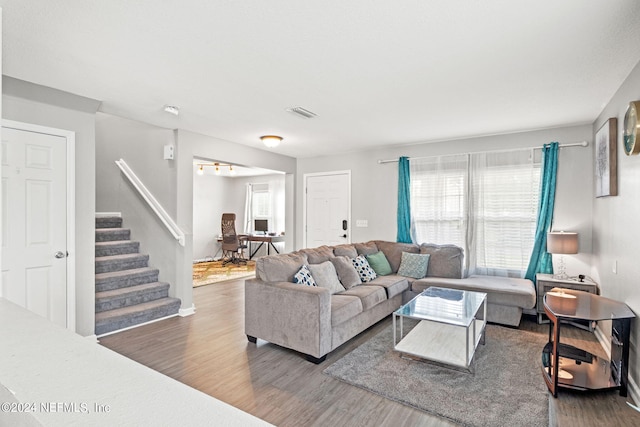 living room featuring dark wood-type flooring