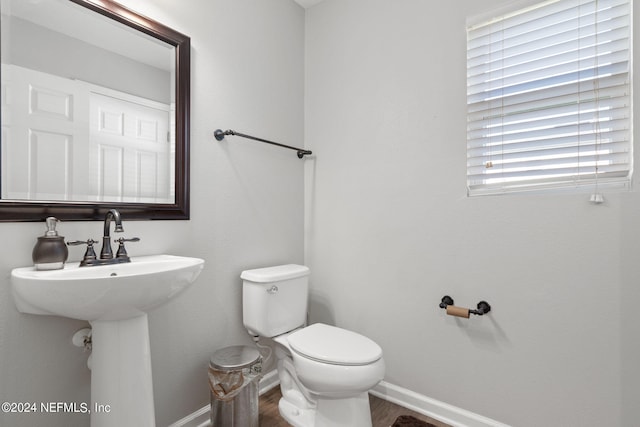 bathroom with hardwood / wood-style flooring and toilet