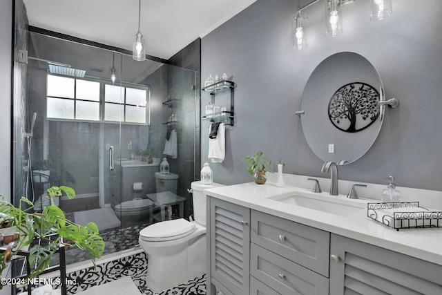 bathroom featuring tile patterned floors, walk in shower, toilet, and vanity