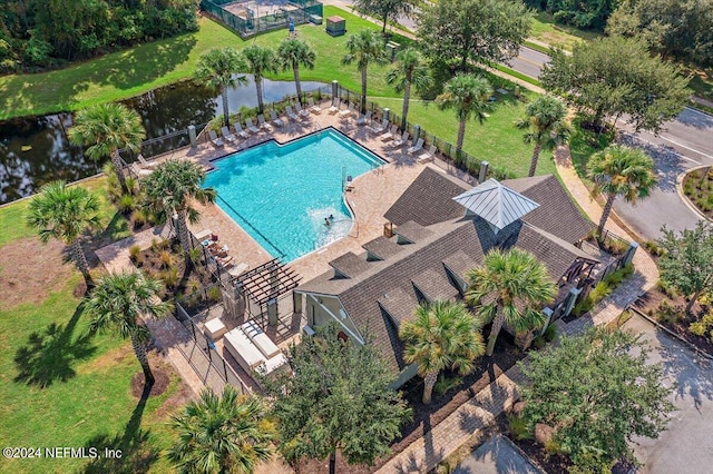 aerial view featuring a water view