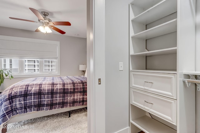 carpeted bedroom featuring ceiling fan