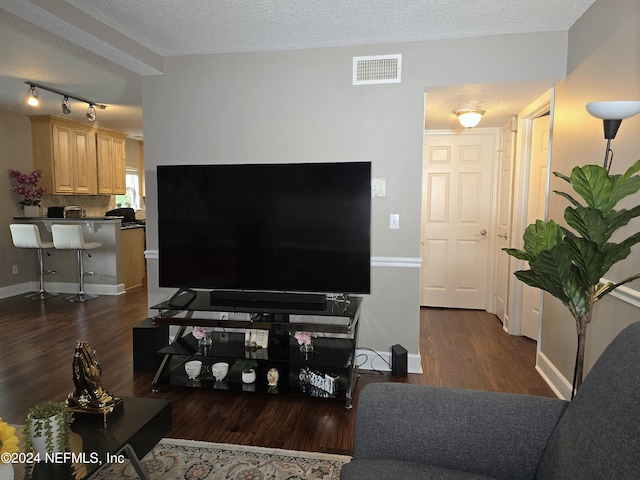 living room with a textured ceiling and dark wood-type flooring