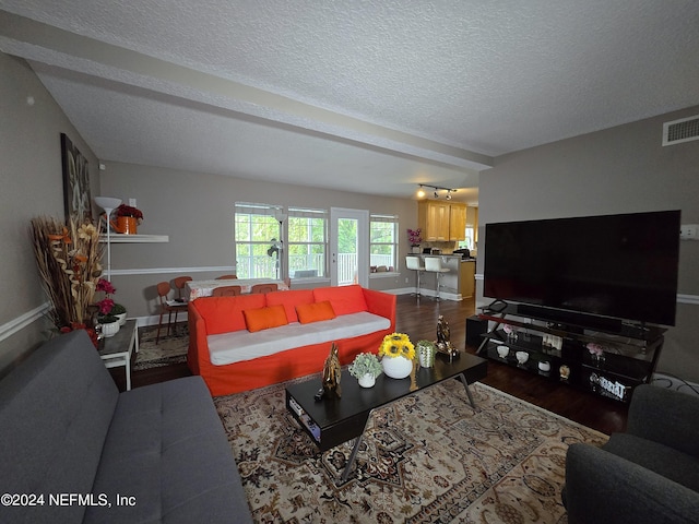 living room featuring a textured ceiling and dark wood-type flooring