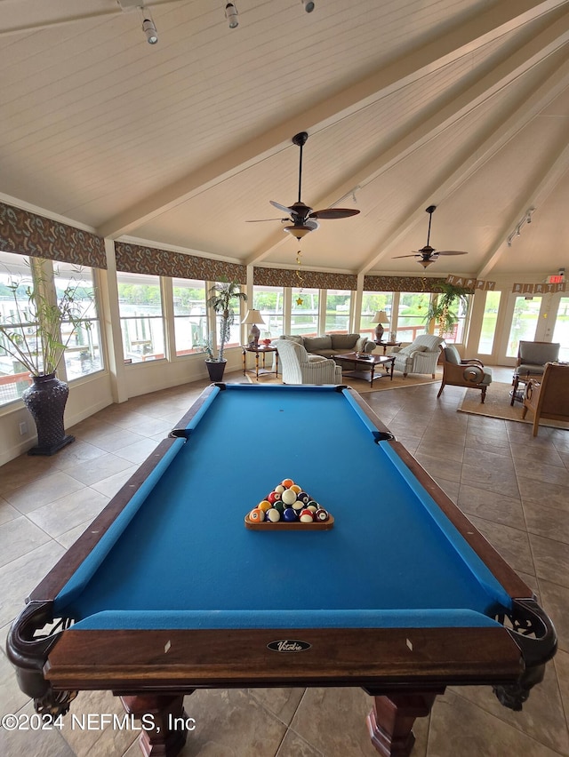 rec room with lofted ceiling with beams, billiards, light tile patterned floors, and ceiling fan