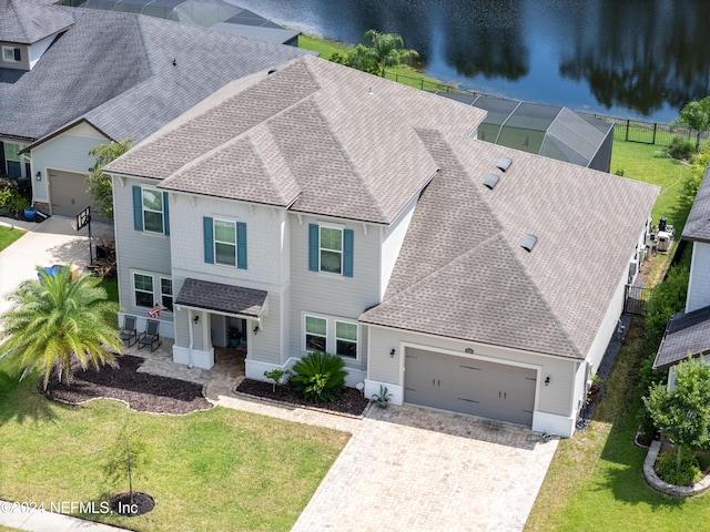 exterior space with a water view