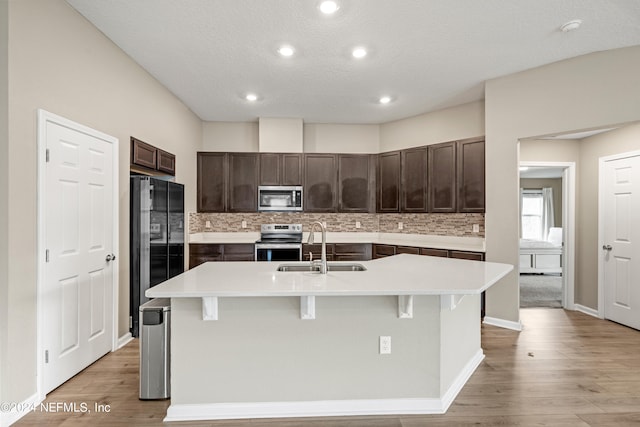 kitchen featuring light wood-type flooring, a center island with sink, sink, and stainless steel appliances