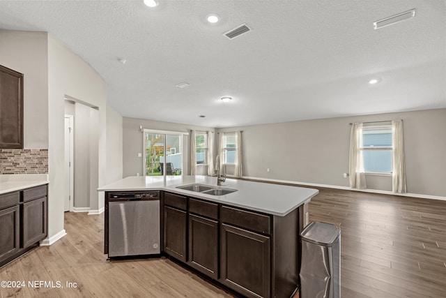 kitchen with a center island with sink, plenty of natural light, sink, and stainless steel dishwasher