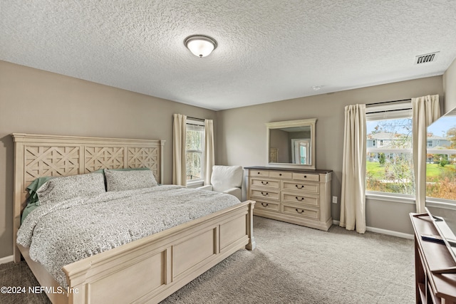 bedroom with light carpet, multiple windows, and a textured ceiling