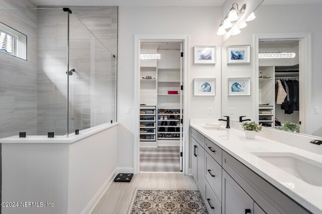 bathroom with hardwood / wood-style floors, an enclosed shower, and vanity