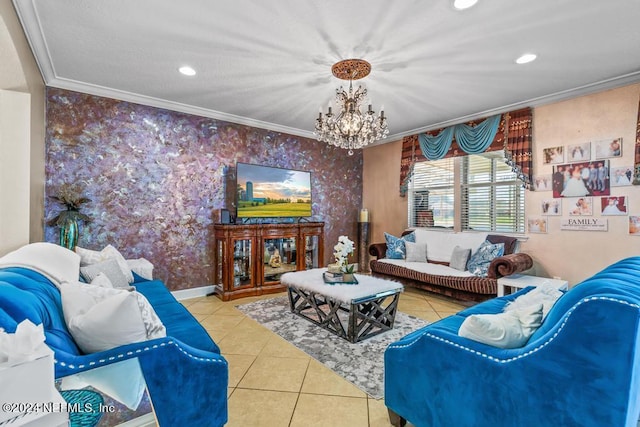 tiled living room with a notable chandelier and crown molding