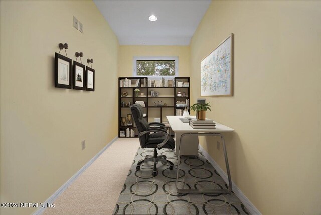 home office with light carpet