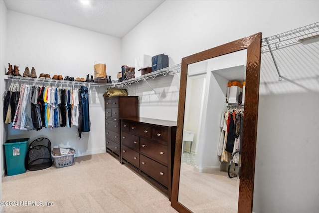 spacious closet featuring light colored carpet