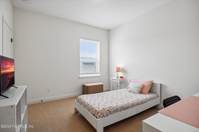 carpeted bedroom with a textured ceiling