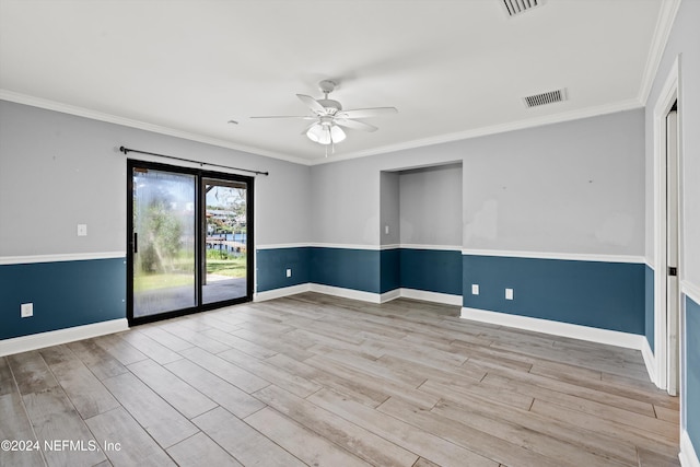 empty room with light hardwood / wood-style flooring, ceiling fan, and crown molding