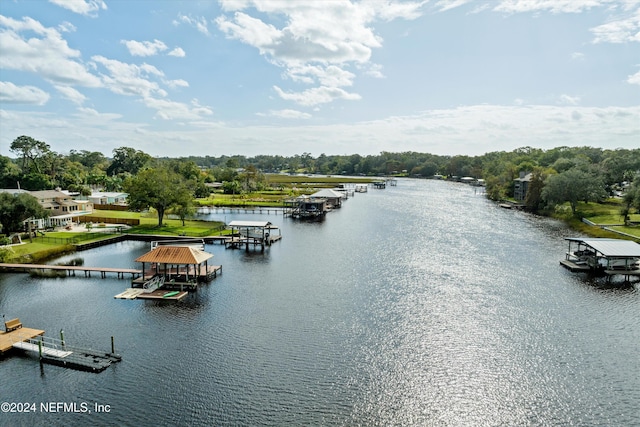 view of water feature with a dock