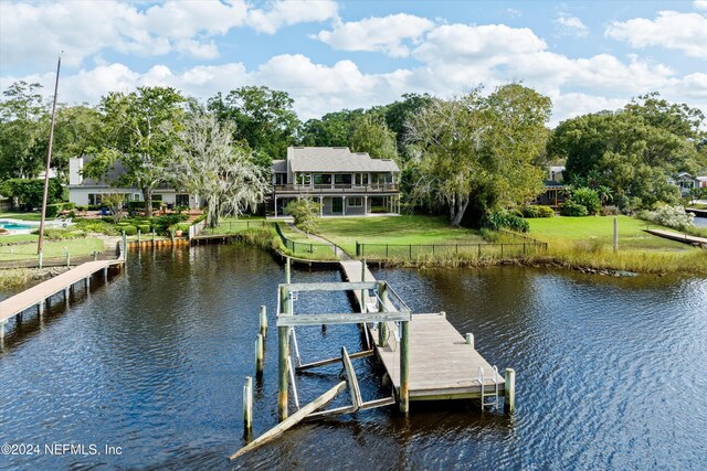 dock area featuring a yard and a water view