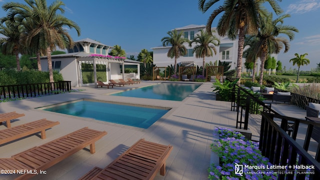 view of swimming pool featuring a pergola, an outdoor hangout area, and a patio