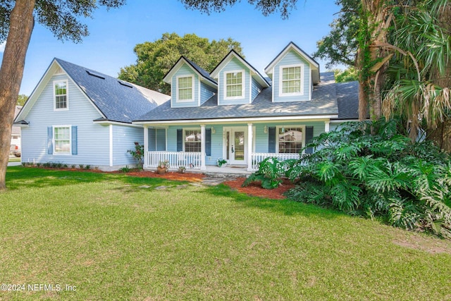 cape cod home with a porch and a front yard