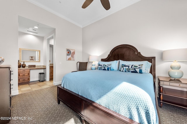 bedroom featuring connected bathroom, ceiling fan, and crown molding