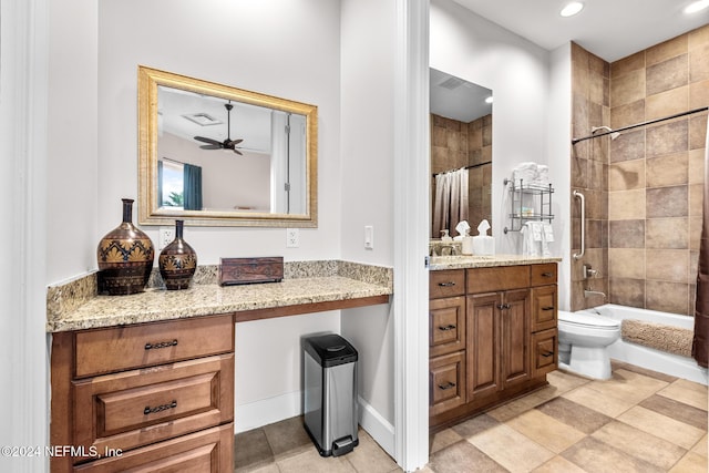 full bathroom with vanity, toilet, ceiling fan, and shower / tub combo with curtain